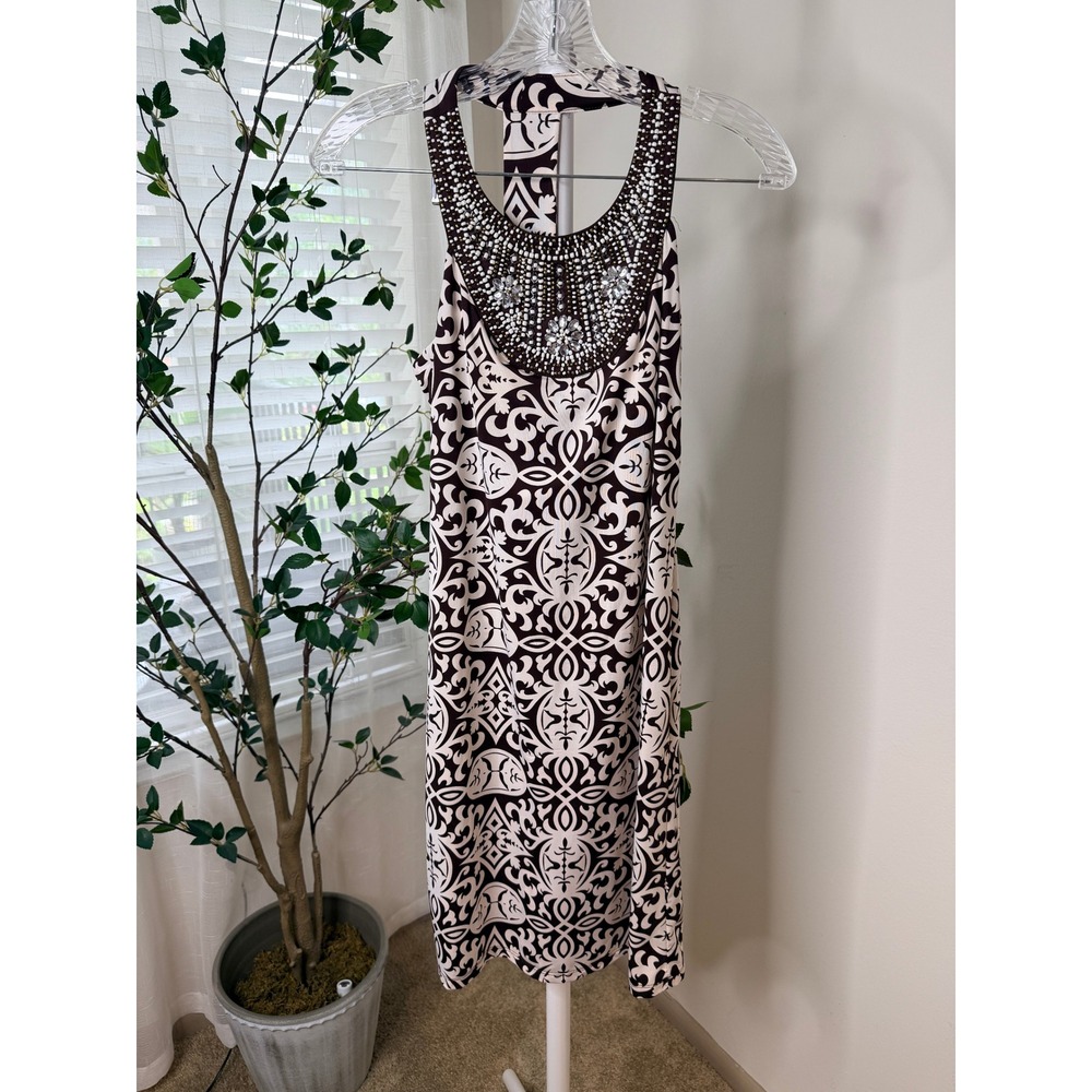 INC International Concepts Beaded Damask Racerback Sheath Dress Brown Cream XS - Picture 2 of 5